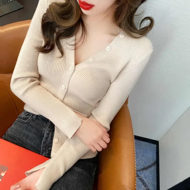 Ранняя осень 2023 тонкий вязаный топ с v-образным вырезом женский утягивающий