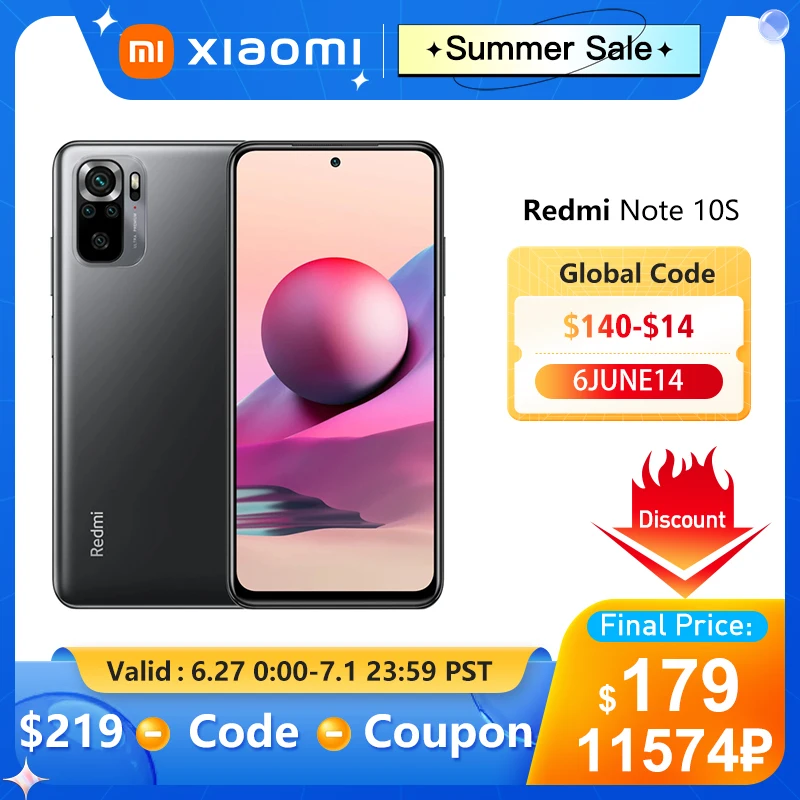  Смартфон Xiaomi Redmi Note 10S, 6 + 64/128 ГБ, 8 ядер, 64 мп, 6,43 дюйма, AMOLED, 5000 мАч 