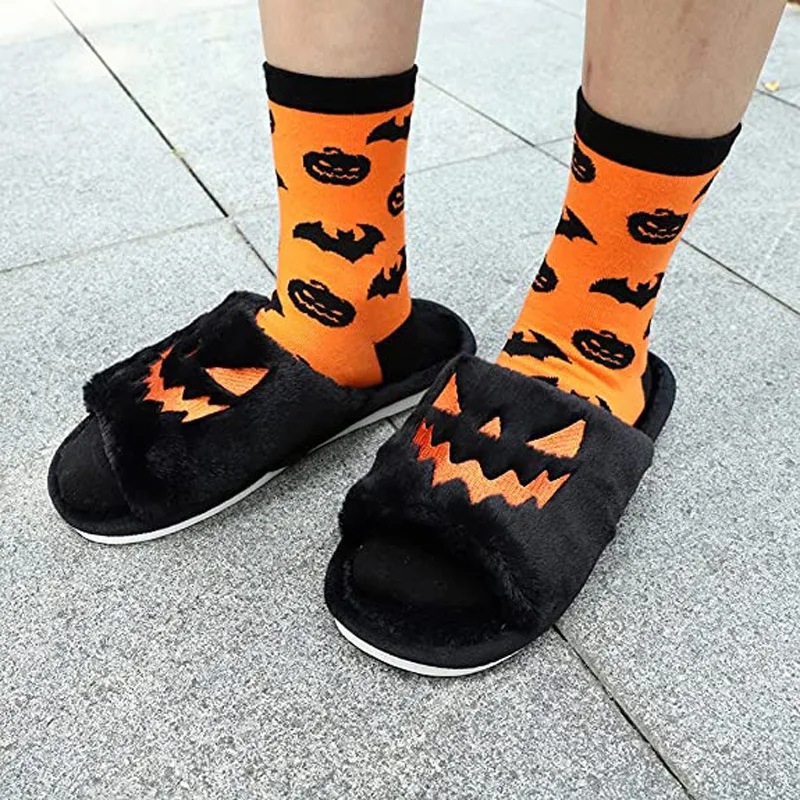 Women Halloween Pumpkin Slippers Soft Plush Flip Flop House Indoor Shoes Warm Home Slippers Winter Female Fur Slides Girls gift