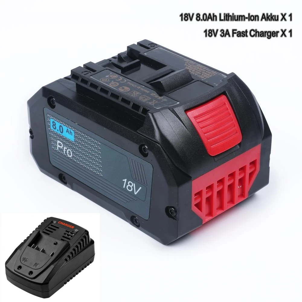 

New 18V 8.0Ah Lithium-Ion Battery and 18V 3A Fast Charger for Bosch 18 Volt MAX Cordless Power Tool Drills for GBA18V80 Akku