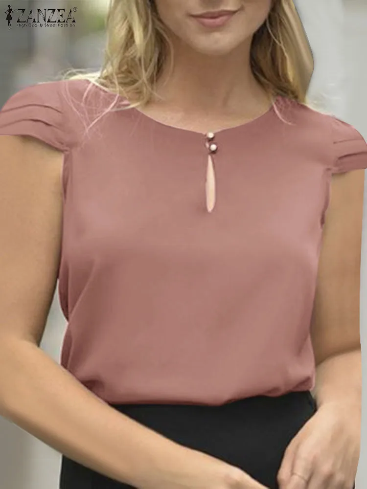 

Женская модная Однотонная рубашка ZANZEA, летняя блузка с коротким рукавом и круглым вырезом, женская элегантная офисная блузка для отдыха
