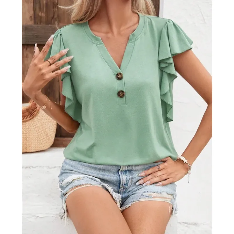 2023 Women's Lotus Leaf Sleeves Elegant Women's Solid Short Sleeve Top T-shirt Office Lacy Button Decoration Pullover Tshirt