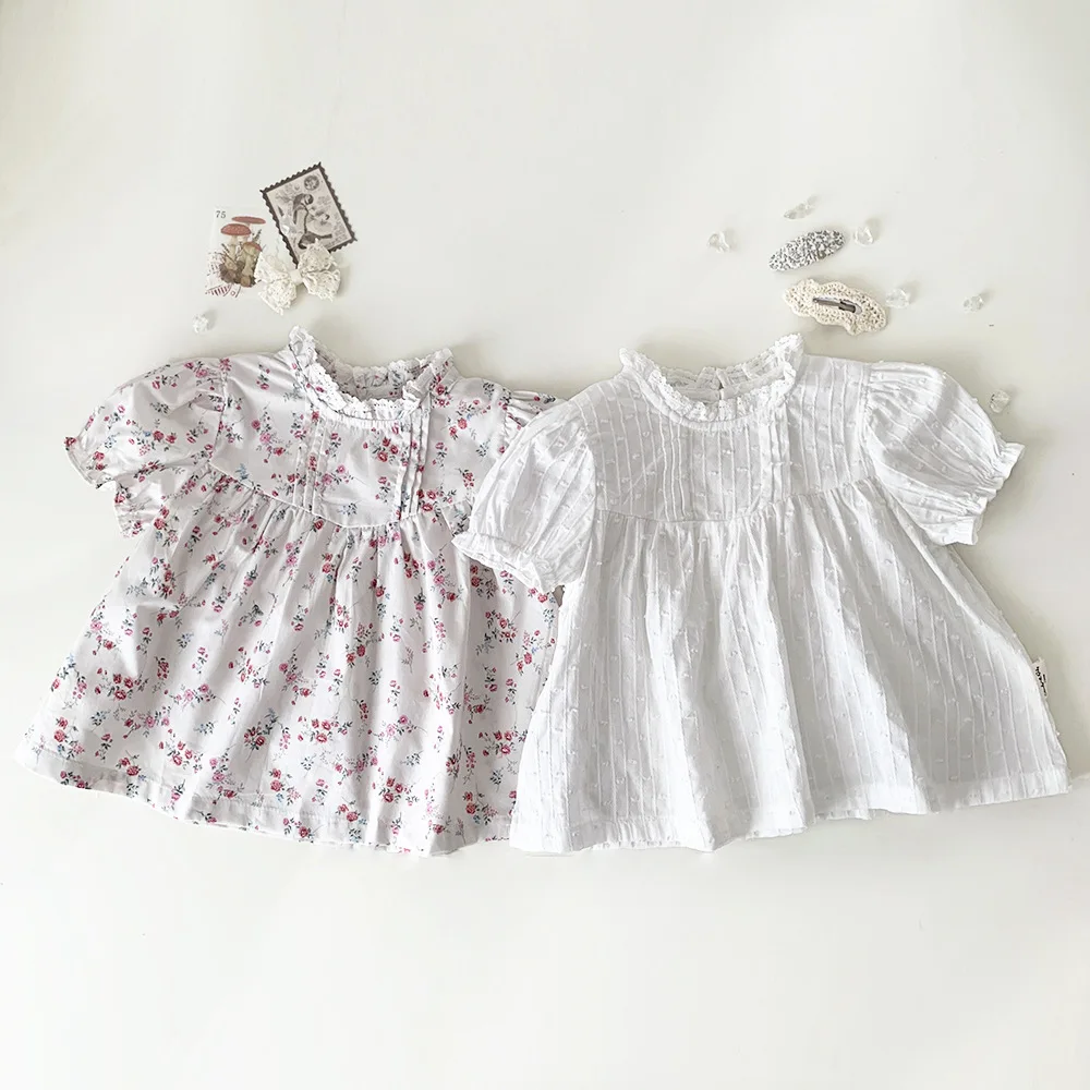 

New 2023 Sweet Kids Baby Girls Shirt Summer Kids Baby Girls Short Sleeve Flower Print Children's Clothes Shirt