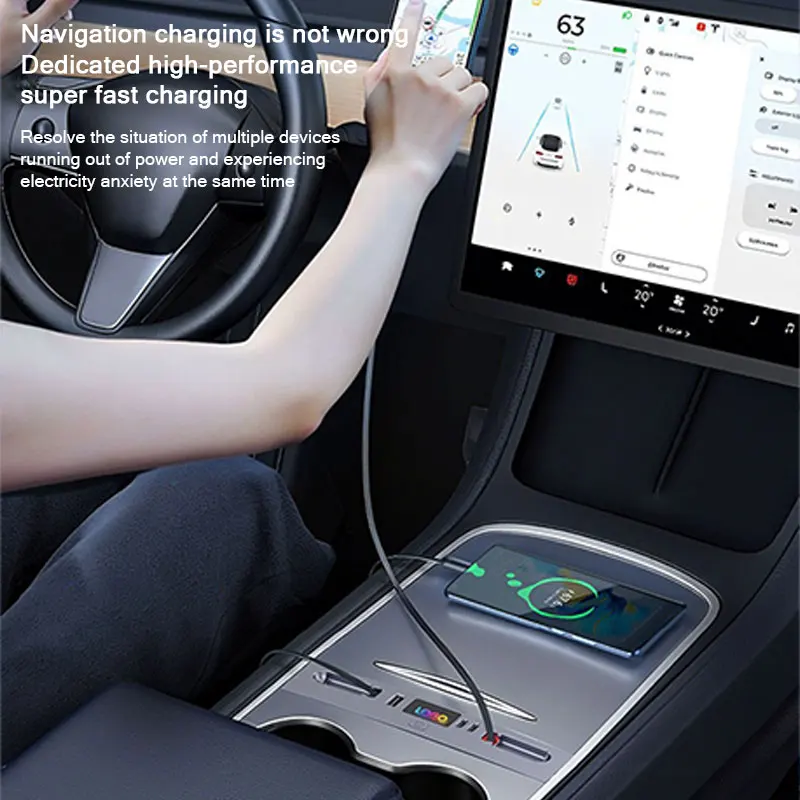 Фото Для Tesla New Model Y Juniper 2025, Model 3 Highland 2024: Быстрый зарядный USB-хаб Type-C 65W/45W для центральной консоли, док-станция расширения №4