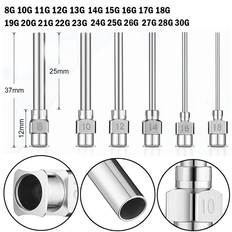 

12 шт., иглы для дозирования длины канюли, 0,5 дюйма, 1 дюйм, 1,5 дюйма, 2 дюйма (8 г, 10 г, 12 г, 14 г... 26 г на выбор)-тупые наконечники, полностью металлические