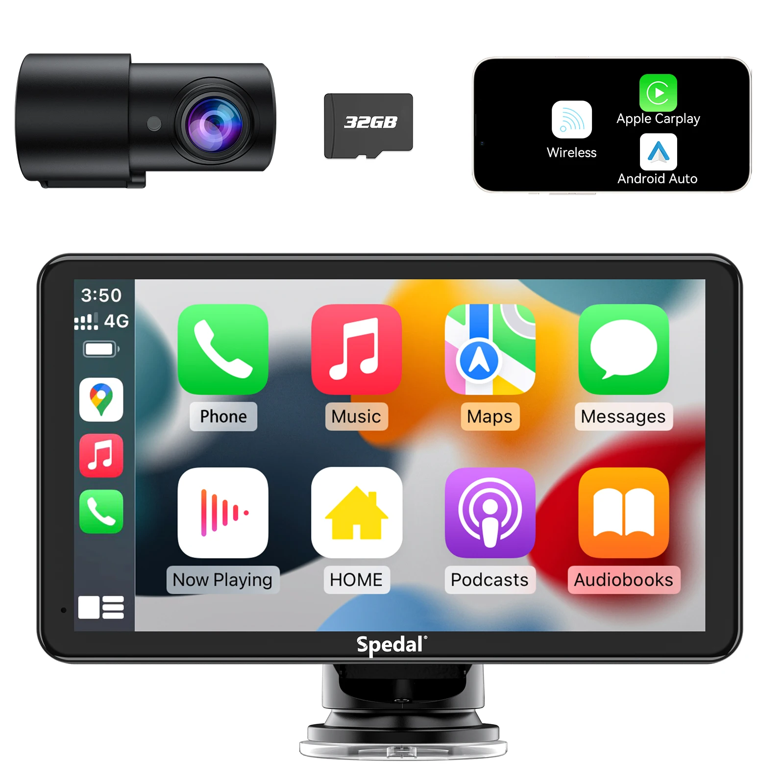 

Spedal 796W Wireless Apple Carplay & Android Auto, Portable 7 Inch IPS Touchscreen Car Stereo with Front Camera, Bluetooth Hand