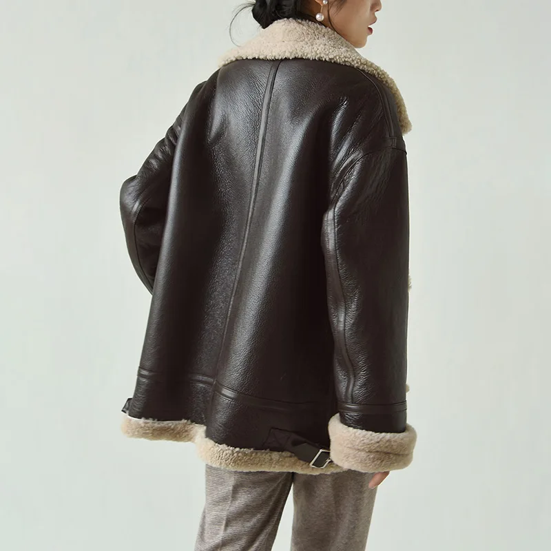 2023 New Spring Women's Leather Jacket Double Face Lamb Fur Lining Thick Coat Sheepskin Leather Long Jackets DJ3905