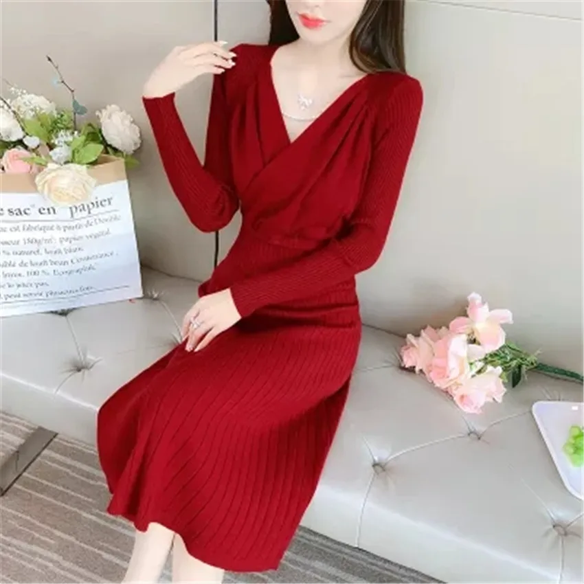 Korean Fashion Knitted Dress Women V-Neck Slim Waist Midi Pleated Dress High Quality Sweater Dresses Vestidos