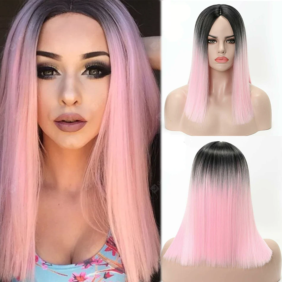 

Парик LANYI 16-дюймовый в виде Боба, розовые длинные прямые черные волосы, раньше Женский, для косплея, вечеринки, Лолиты, повседневный термостойкий парик