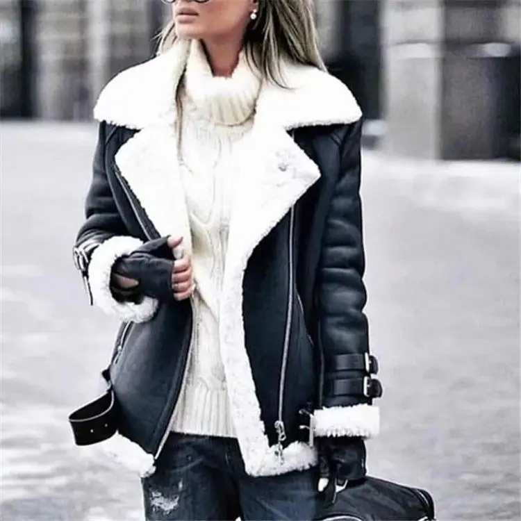 Fashion Ladies Jacket Coat PU Fur Integrated Warm Highstreet Punk Overcoat Autumn Winter New 2022