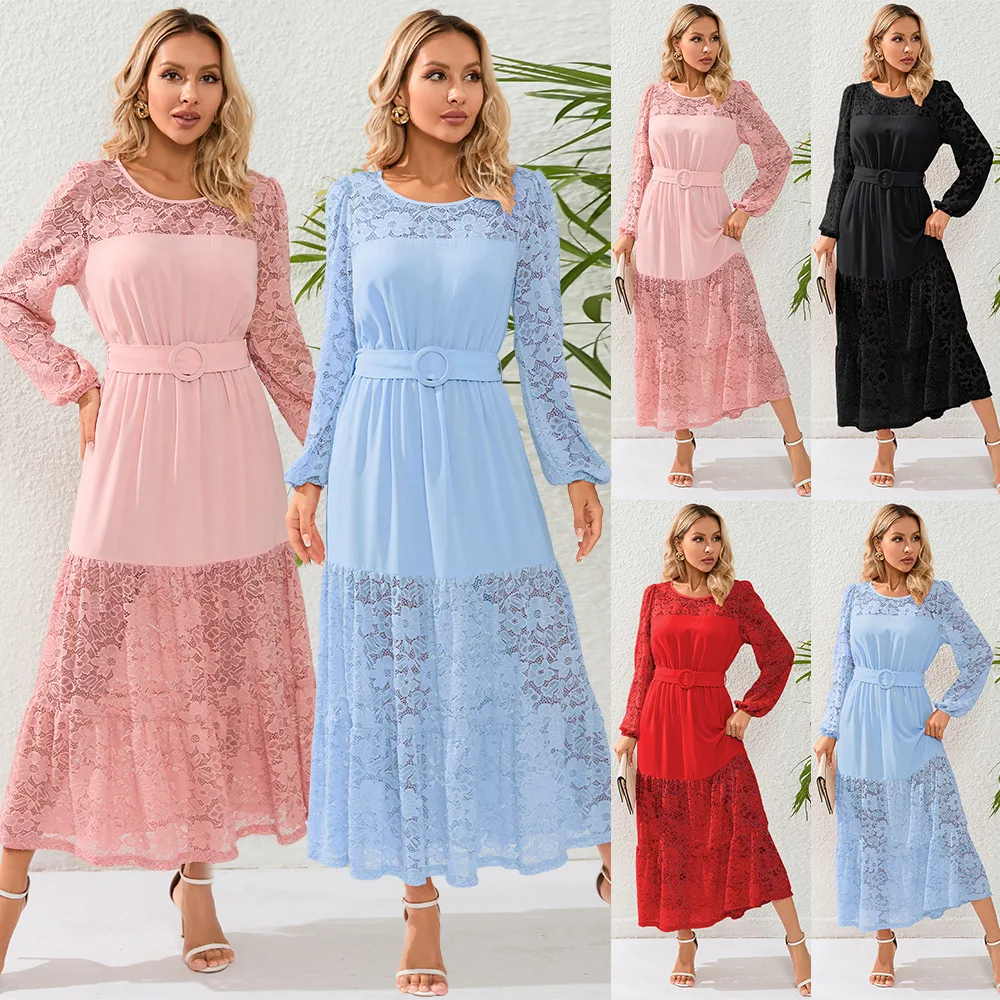 

2023 European and American Oversized Slim Fitting Temperament Sexy Lace Skirt French Lace Perspective Mid Length Dress for Women
