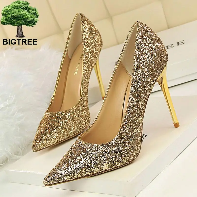

Туфли-лодочки BIGTREE женские, заостренный носок, высокий каблук-шпилька, свадебная обувь, простые босоножки с блестками