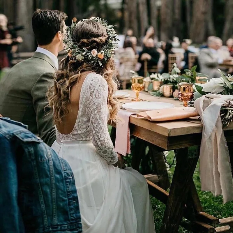 

Boho Wedding Dress for Women 2023 Bride Backless Long Sleeve A-Line Lace Chiffon Beach Bridal Gowns Robe de Mariage Backless