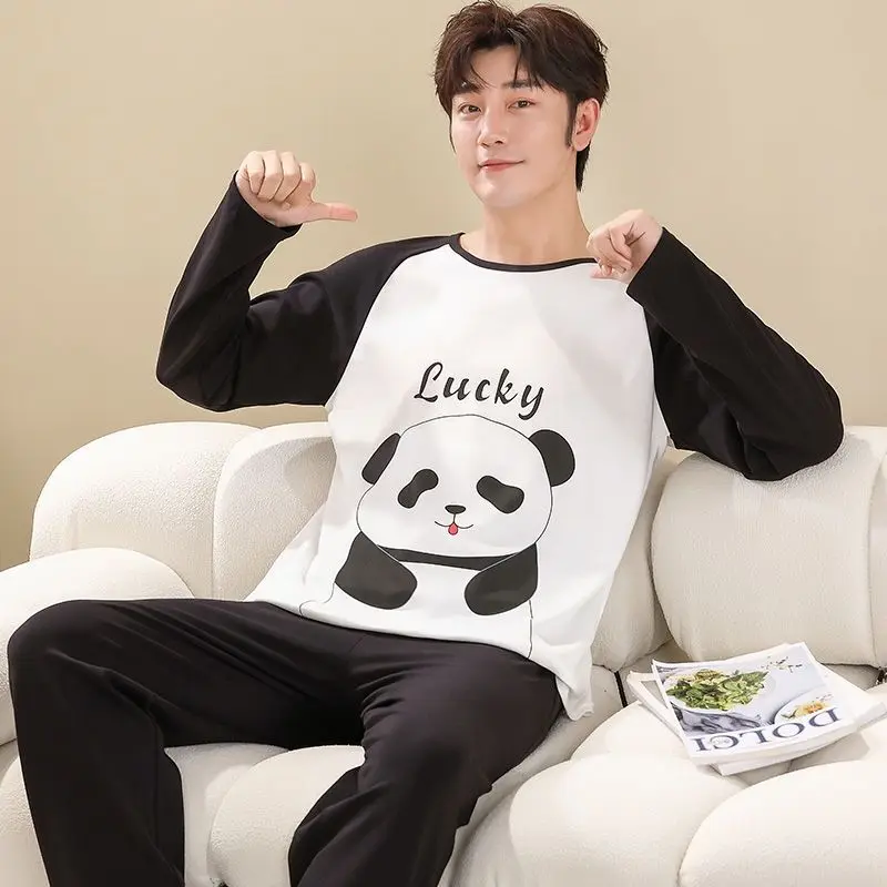 SUO&CHAO Cartoon Print Pajamas Sets For Men's Long Sleeve Round Neck Tops And Pants Nightgown Sleepwear Homewear