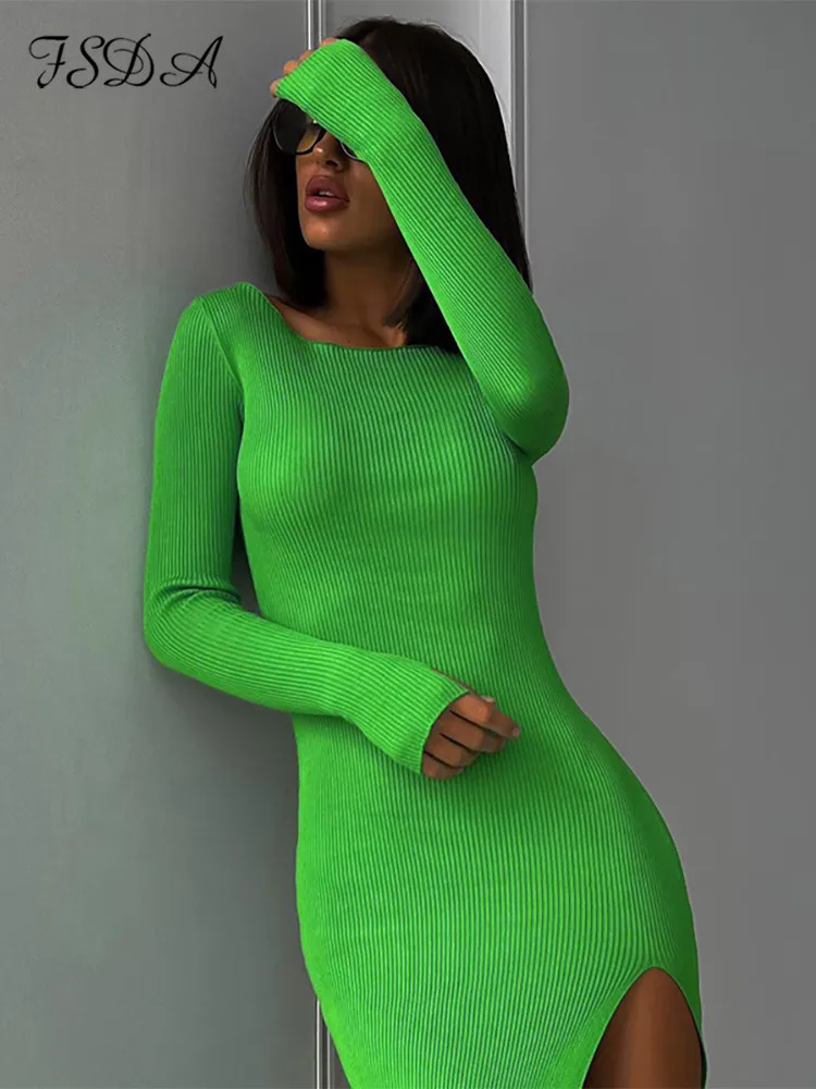 

FSDA 2022 Autumn Winter Green Long Sleeve Bodycon Dress Women Knitted Sexy Backless Dresses Party Casual Midi Split