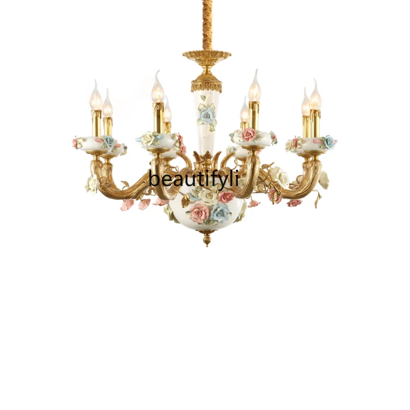 

yj French-Style Ceramic Chandelier Romantic and Cozy Bedroom Light Creative Majestic European-Style Copper Lamps