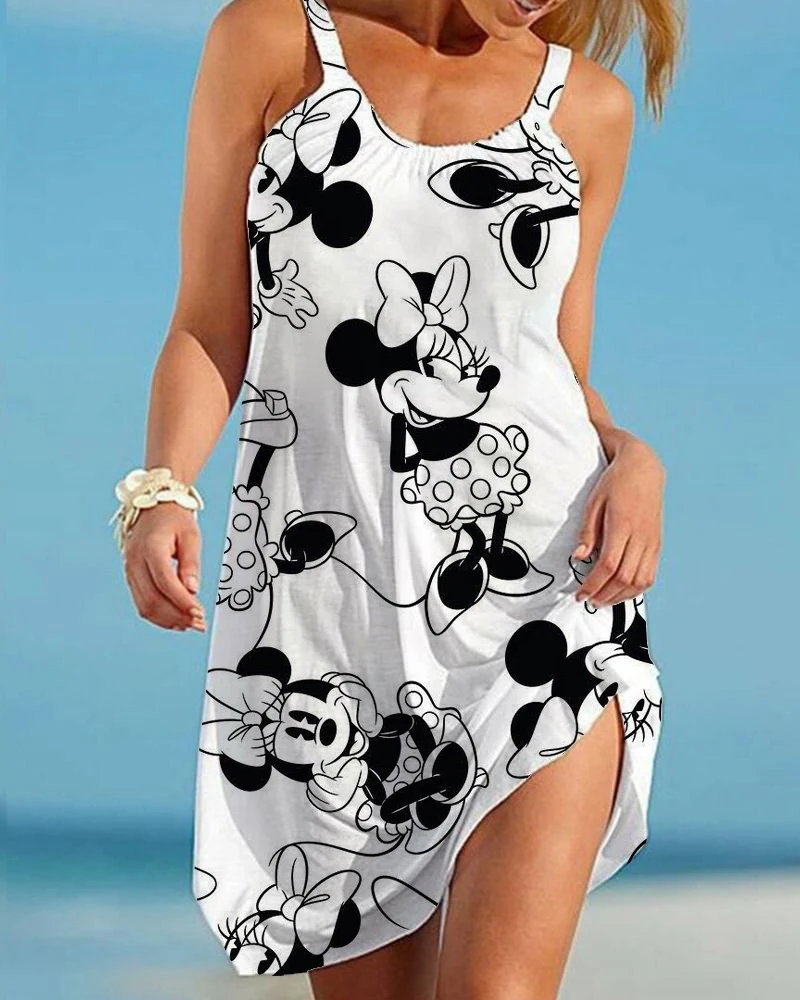 

Summer Sexy Beach Dress Disney Minnie 3D Print Women Spaghetti Strap Dresses Streetwear Boho Female O-Neck Vintage Beachwear