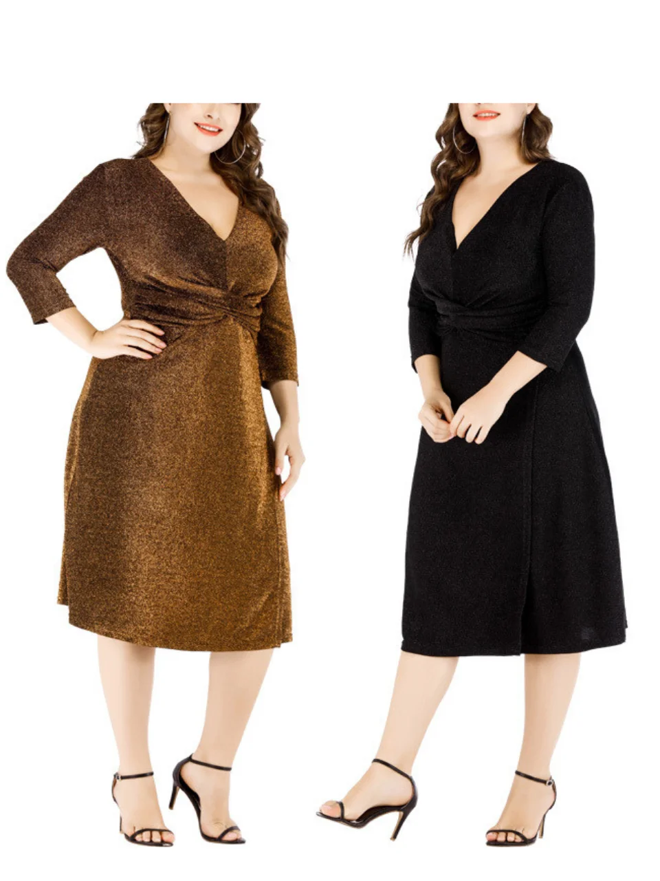

Womens Plus Size Elegant Cocktail Dress Giltter Puff Sleeve V Neck Bodycon Wrap Ruched Cocktail Evenving Dress
