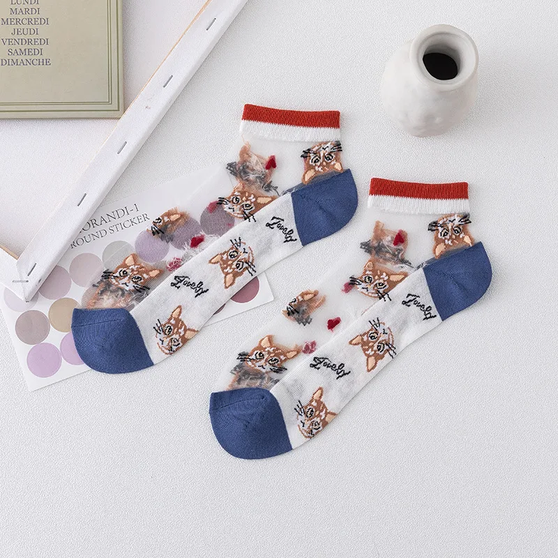 2 Pairs Women's Socks Set Summer Thin Stockings Female Japanese Fashion Cute Cat Boat Socks Transparent Invisible Ladies Socks images - 6
