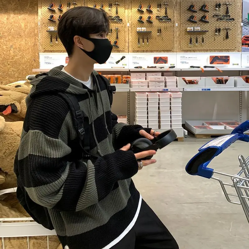 Men's Hoodie Striped Sweater Autumn Korean Version Loose Fashion Slouchy Retro Hooded Pullover Sweater Coat T-shirt Men's Hoodie