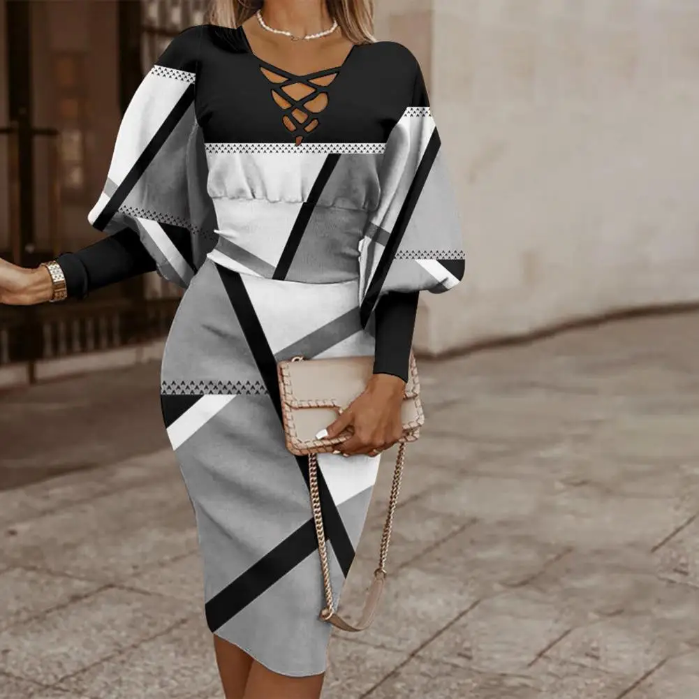 

Women Autumn Dress Cross Straps V-Neck Lantern Long Sleeves Waist Tight Office Lady Geometry Patchwork Hip Wrap Midi Dress