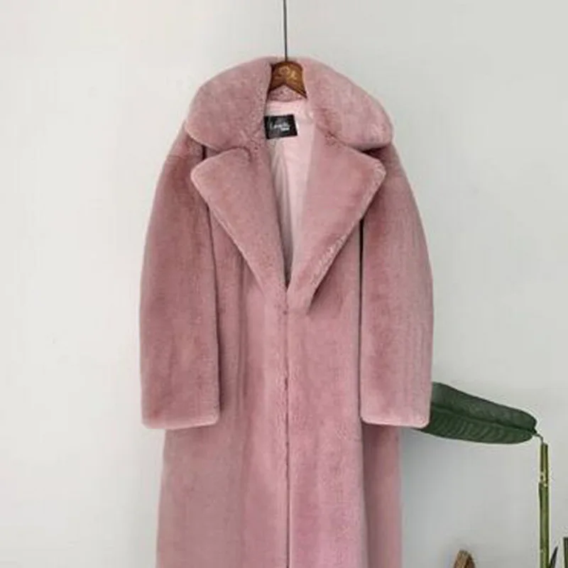 Winter Faux Fur Thick Warm Fur Large Coat Women's Solid Color Loose Cardigan Long Sleeve Coat Women's Turn-down Collar Warm Coat