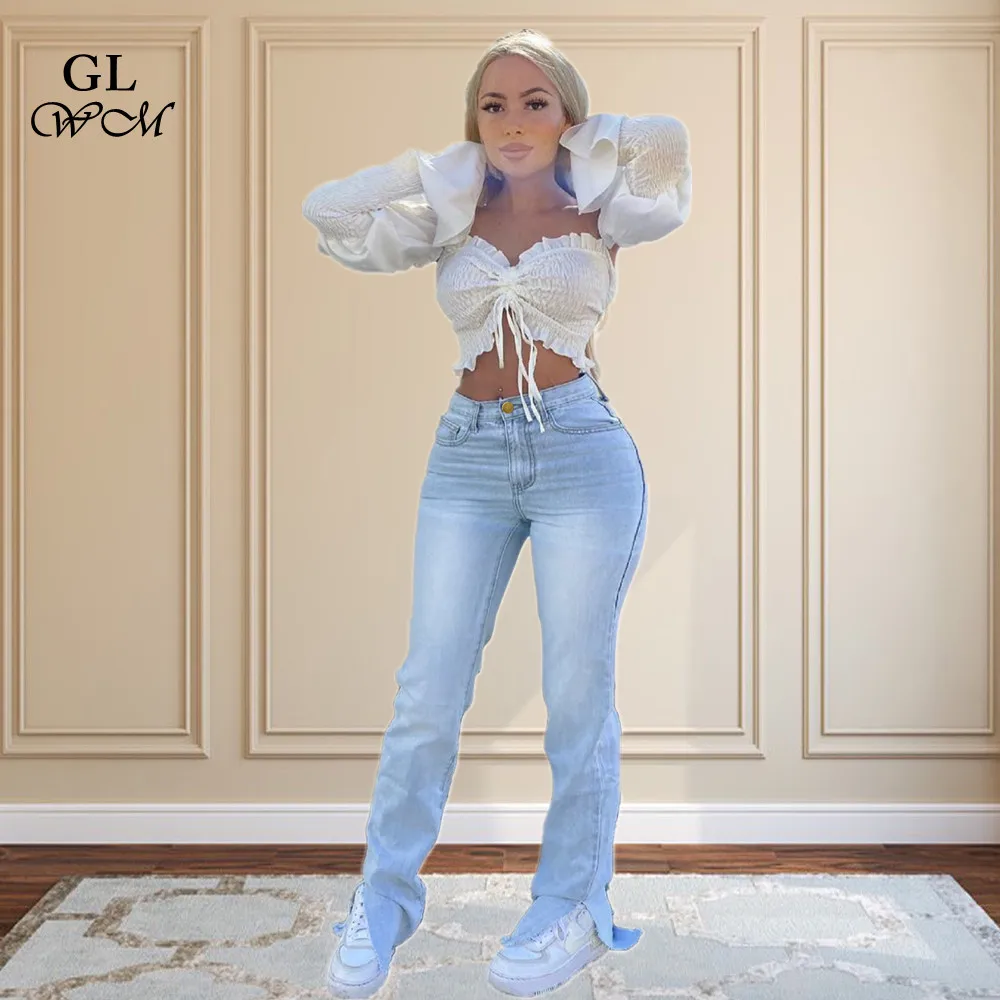 

XL-5XL Fashion Plus Size Ladies High Waist Stretch Washed Blue Hem Split Slim Pants Jeans Women Wolesale Dropshipping