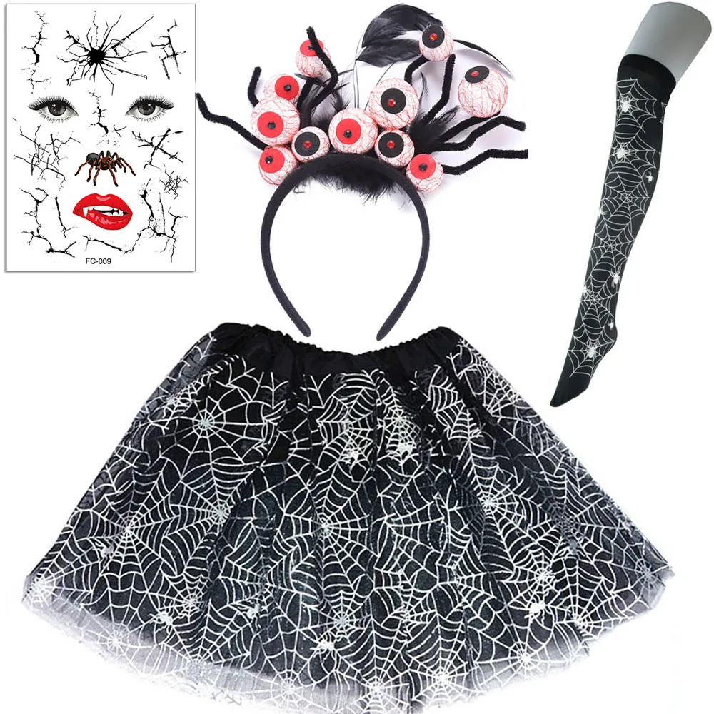 

Women Adult Kids Girl Spider Web Witch Tutu Skirt Eye Ball Headband Hat for Party Cosplay Cloak Halloween Costume Treat or Trick