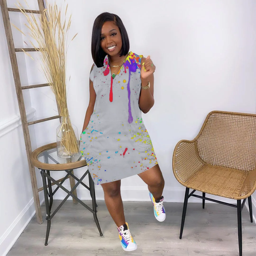 

Женское свободное Повседневное платье с принтом, Короткие камуфляжные платья без рукавов с V-образным вырезом и карманами