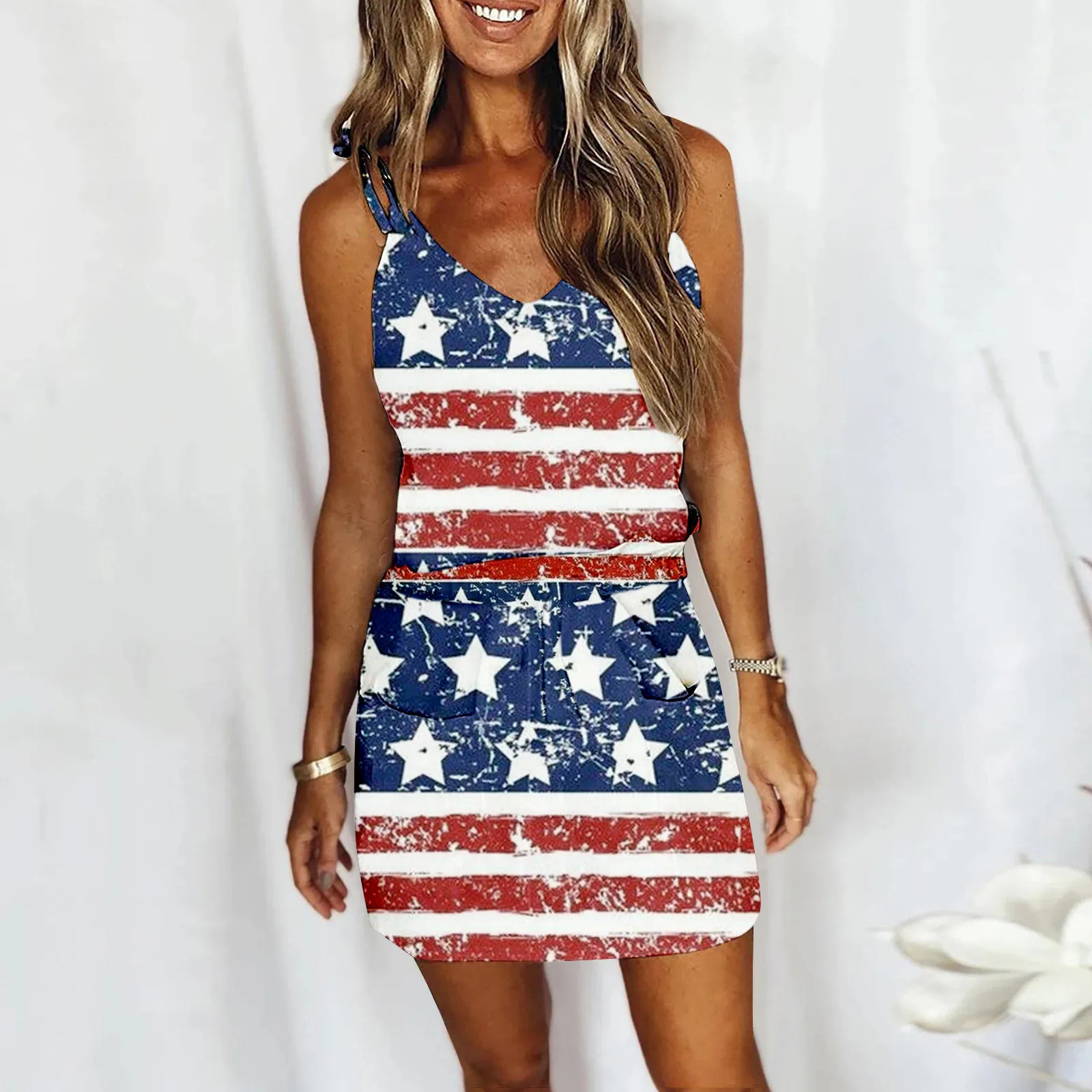 

Женское летнее платье с принтом на День Независимости, Пляжное мини-платье в полоску на бретелях-спагетти с карманами, платье-рубашка, туник...