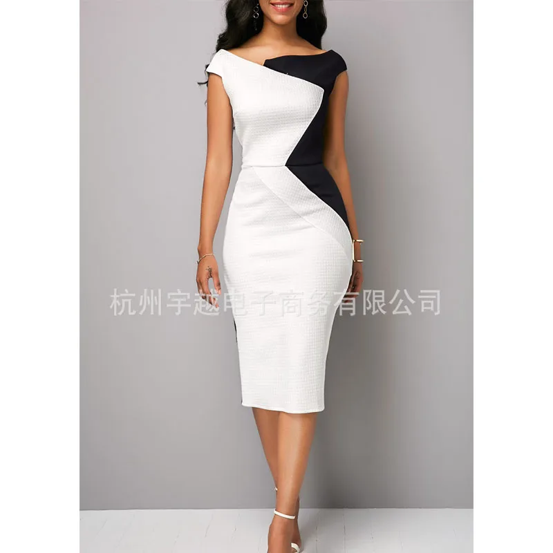 

Office Lady Two Color Splicing Summer Slash Neck Bare Shoulder Color Contrast Sheath Hip Wrap Dresses Mid-calf Elastic Waist