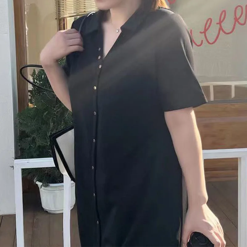 Summer Clothes for Women Turn-down Collar Solid Color Splicing Button Short Sleeve Casual Plus Size A-line Knitted Midi Dress