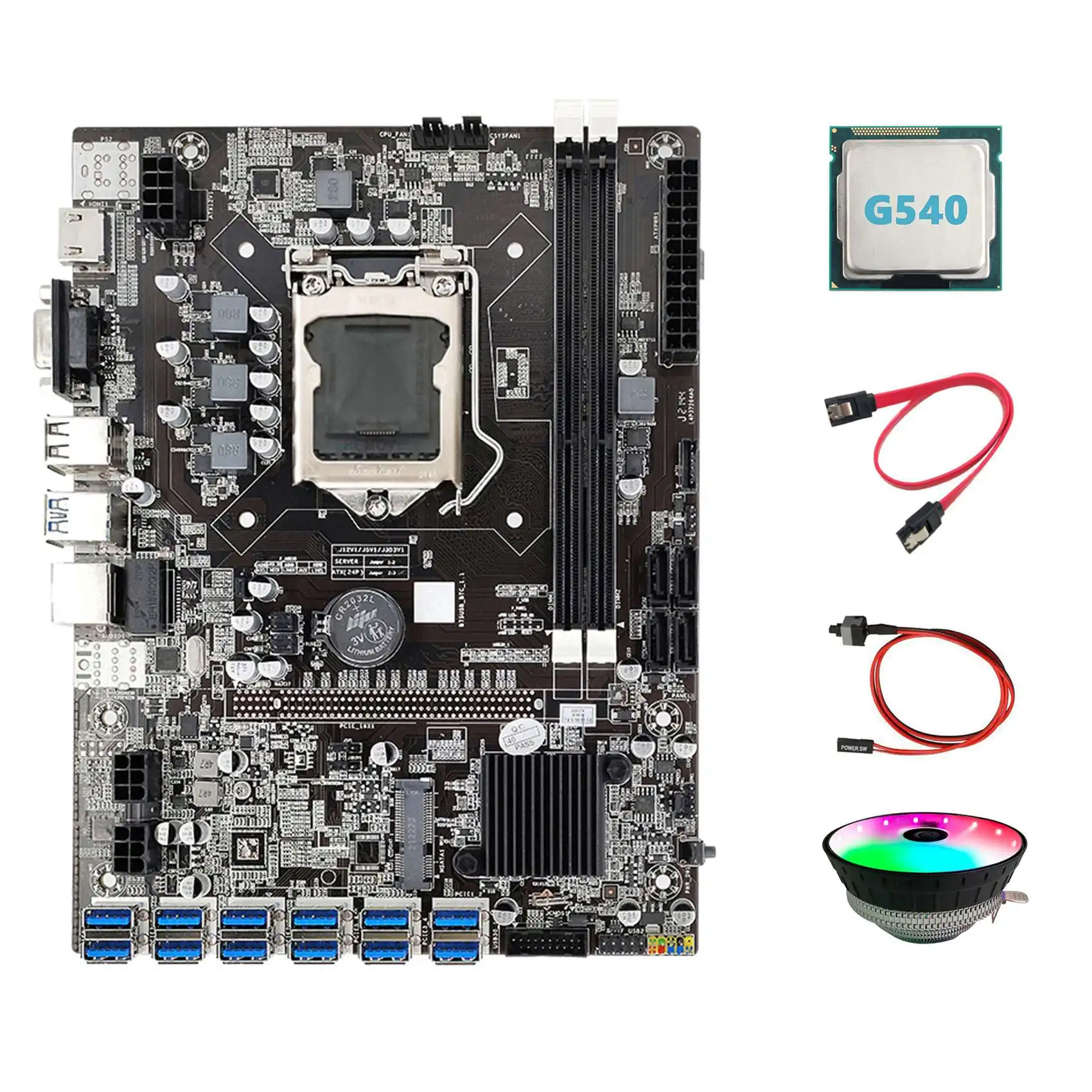 

B75 ETH Mining Motherboard 12 PCIE to USB3.0+G540 CPU+Switch Cable+SATA Cable+RGB Fan LGA1155 DDR3 B75 USB Motherboard