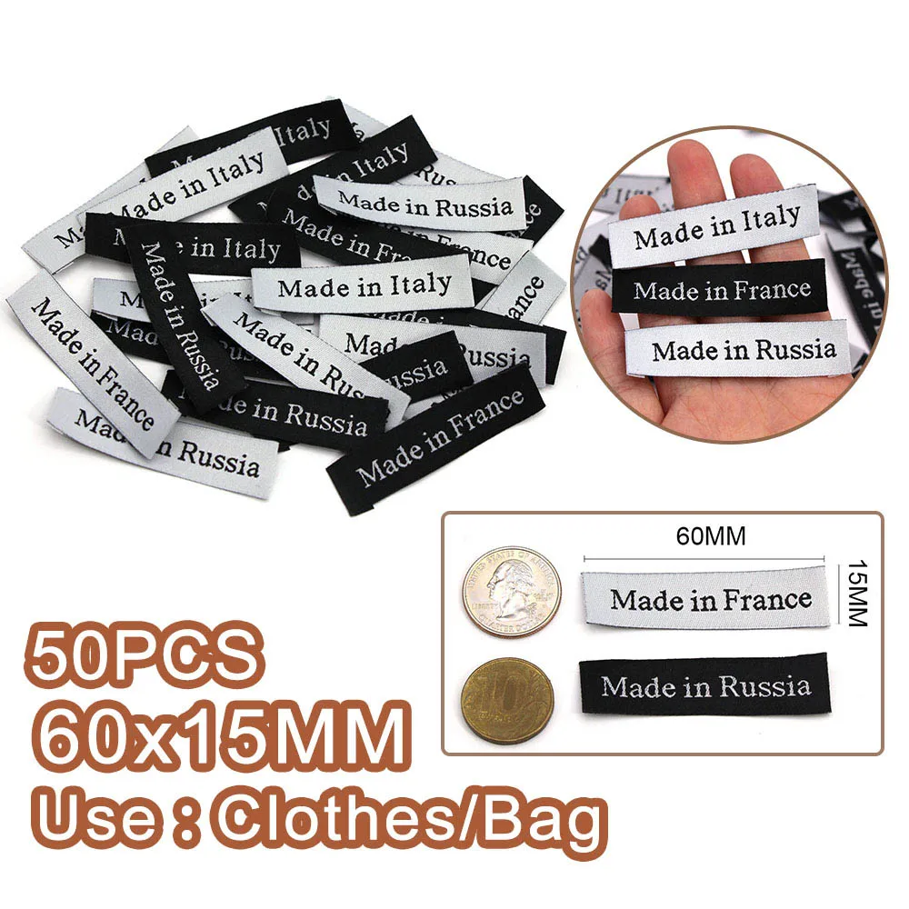 Этикетки для одежды ручной работы 50 шт. Сделано в Италии/Франции/России черные и