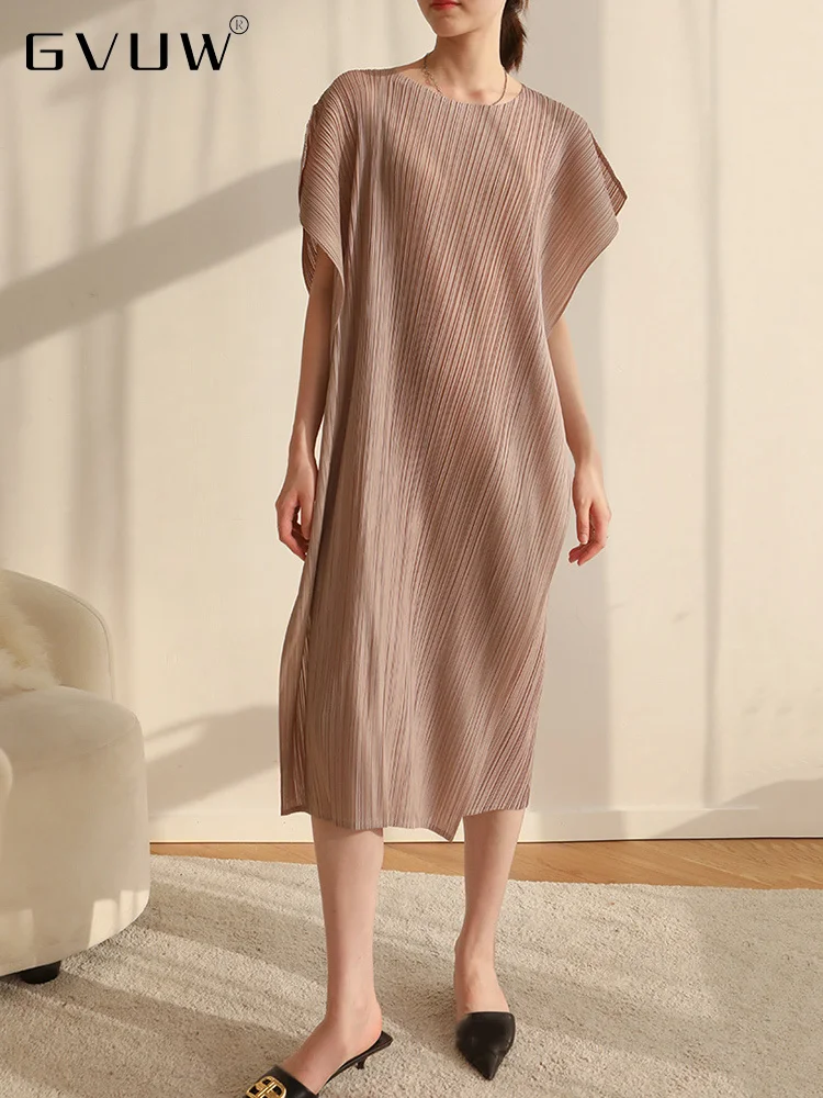 

Женское плиссированное платье GVUW с круглым вырезом и рукавами-накидками, свободные повседневные эластичные прямые платья с коротким рукавом, новинка 2023, весна 17D1412