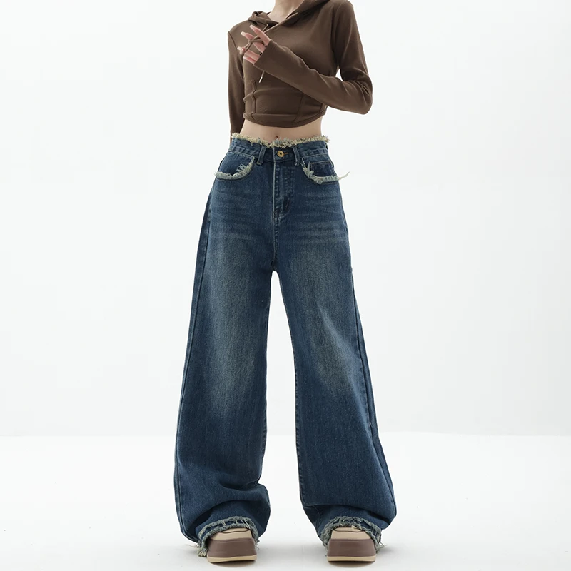 Autumn and Winter New Niche Jeans Women's Straight Loose Wide-Leg Pants Retro Washed Dark Blue Burrs Slimming