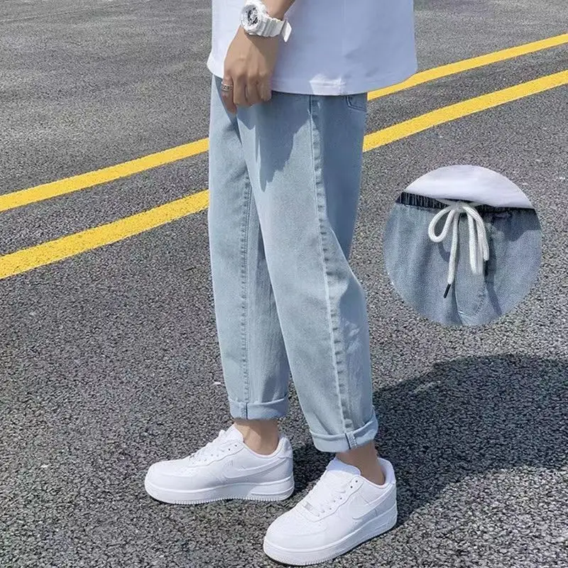 Jeans Men's Spring Summer Trendy Loose Casual Straight-Leg Cropped Pants Korean Elastic Drawstring Student All-Matching Long Pan