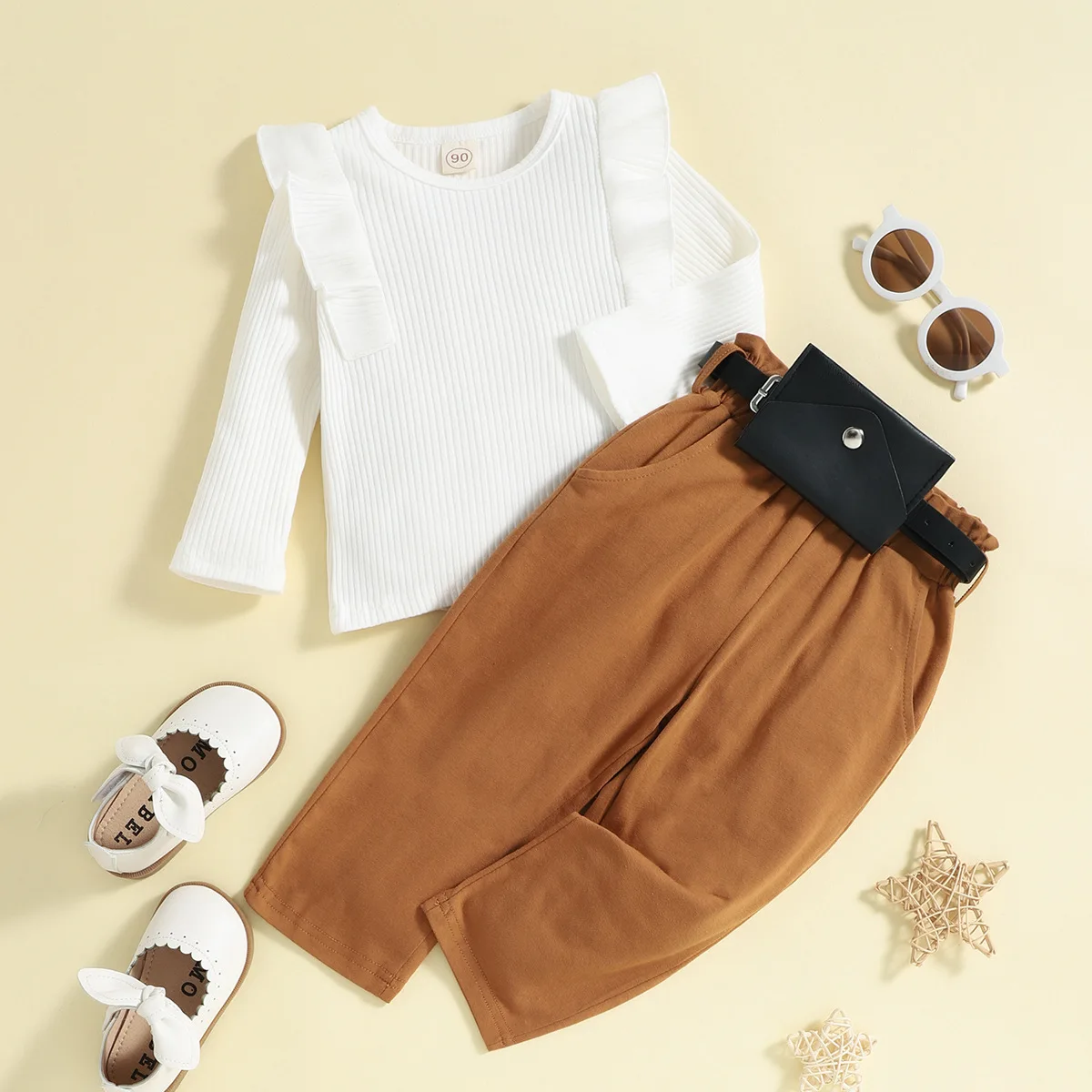 

Комплект одежды для маленьких девочек, новинка, осенне-зимние брюки с длинным рукавом для девочек (включая поясную сумку), комплект из трех п...