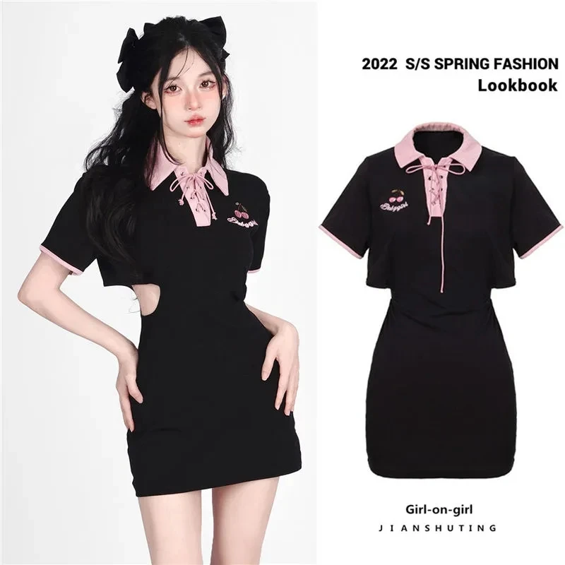 

Cherry embroidered waist black powder POLO collar dress ladies short sleeved hollow waist black sweet skirt