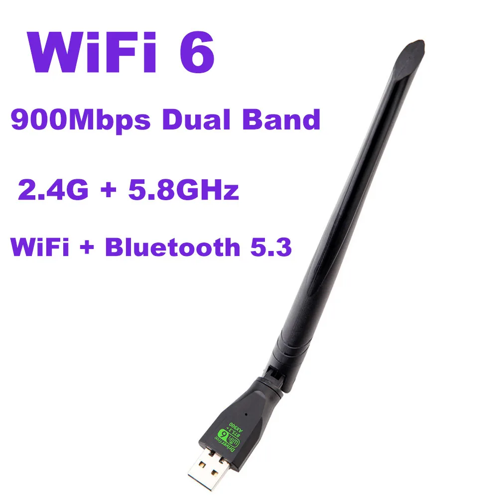 Фото USB-адаптер AX900 WiFi 6, Bluetooth 5.3, 900 Мбит/с, двухдиапазонный (5 ГГц/2,4 ГГц), беспроводная сетевая карта без драйверов для Windows 10/11 №1