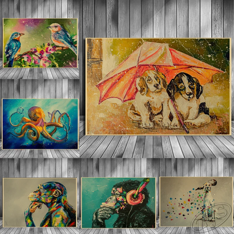 

Картины из крафт-бумаги с изображением собаки, классическое настенное искусство, картины шимпанзе, осьминог, домашний декор, искусство для ...