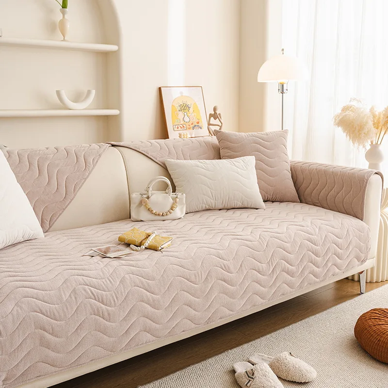Pure Color Wave Pattern Sofa Covers Chenille Couch Cushion for Living Room L-shaped Decorative Sectional Cover