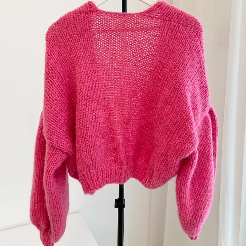 High Quality One Size Woman Handwork Rose Red Long Sleeve Knit Sweater Cardigan Hat