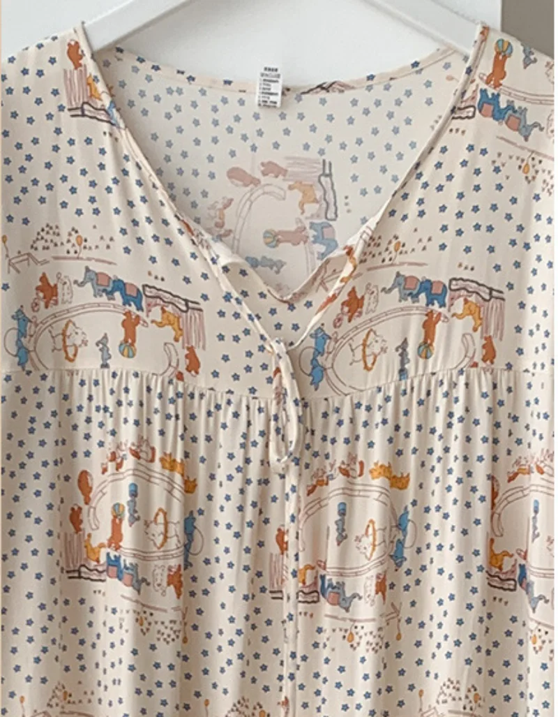 One-Piece Extended Women's Nightdress Clothes Round Neck Casual Ventilation Summer Home Art Dress Plus Size 5/4 Sleeve Korean