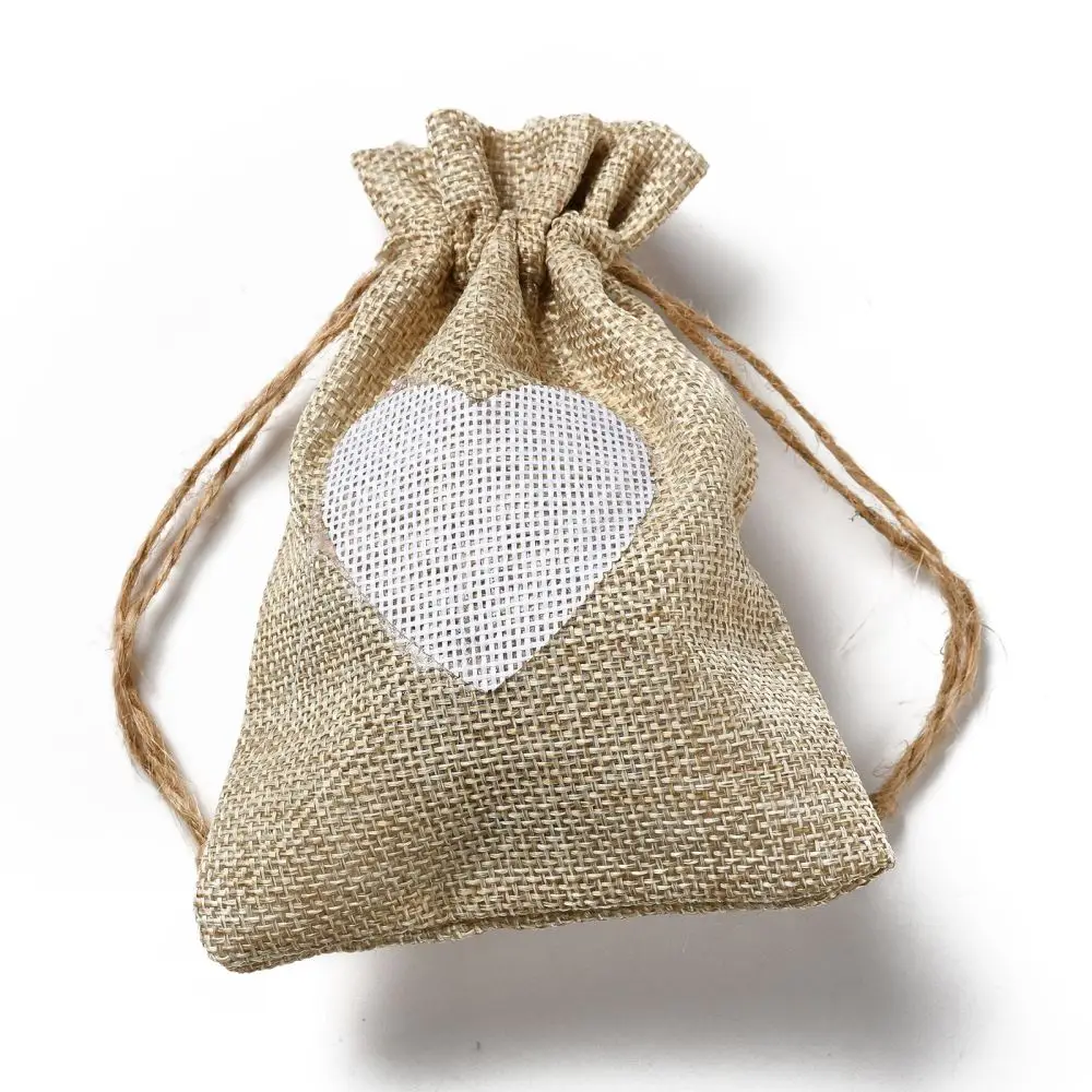 50pcs Linen Pouches Drawstring Bag with White Heart Pattern Rectangle for Gift Packaging Shopping Storage Pouches 14x10x0.5cm
