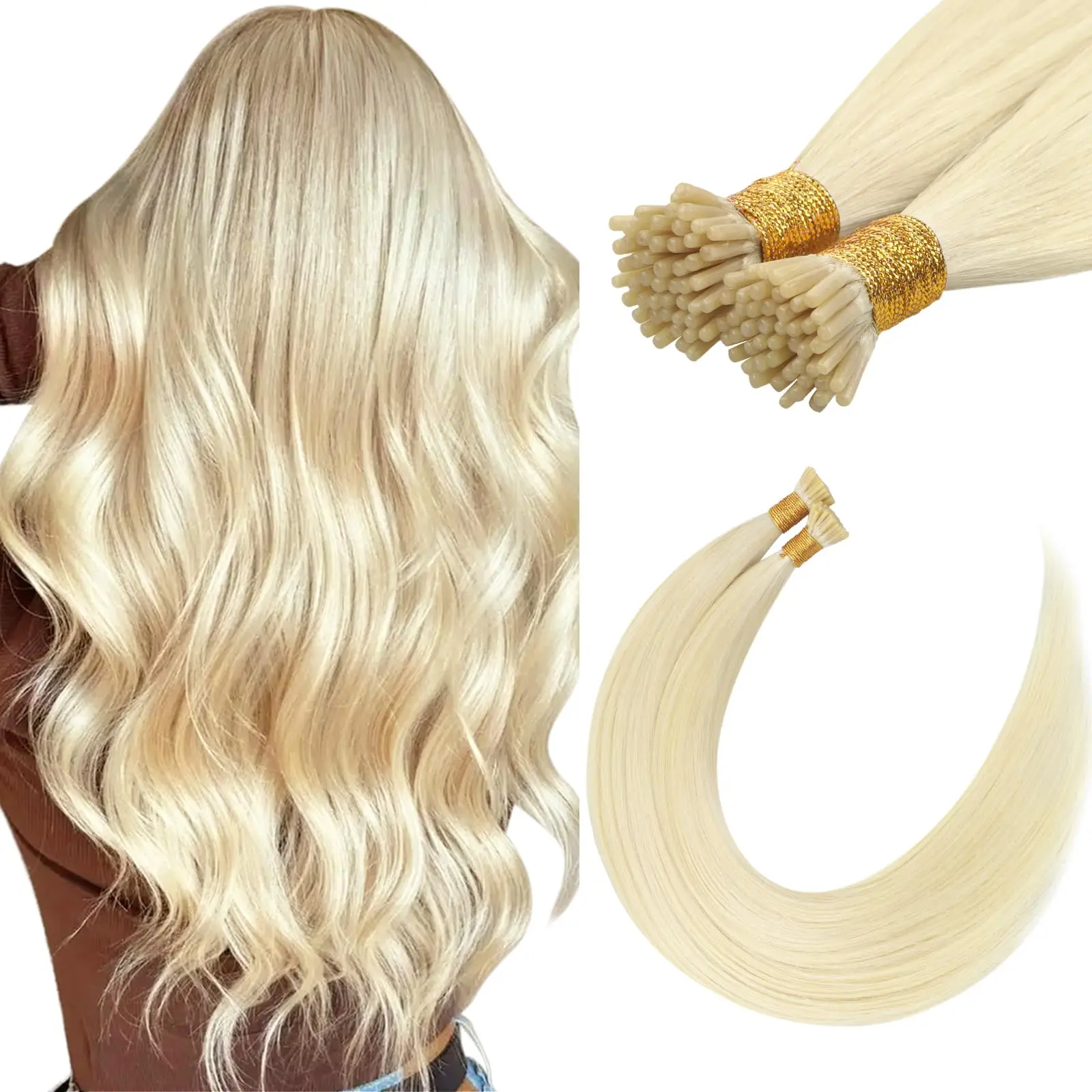 Фото Натуральные волосы Remy I-Tip Weft, 18 дюймов, прямые # 8 шт. P18-613 Накладные волосы для преображения вашего образа оптом №1