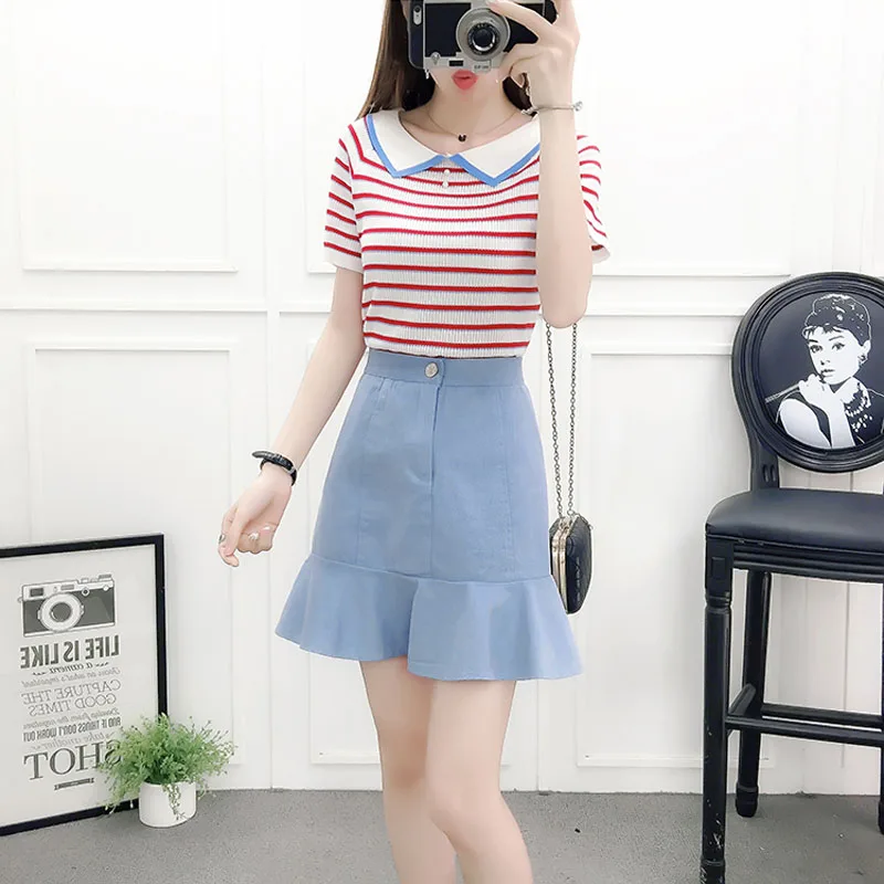

2022 Summer Women's Fashion Suits Female Short Sleeve Knitted Tops and High Waist Slim Mermaid Skirts Ladies Two Piece Sets X08