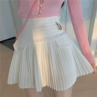 white pleated women high waist mini skirt metal letter d design a line clubwear korean sexy streetwear show solid casual skirts