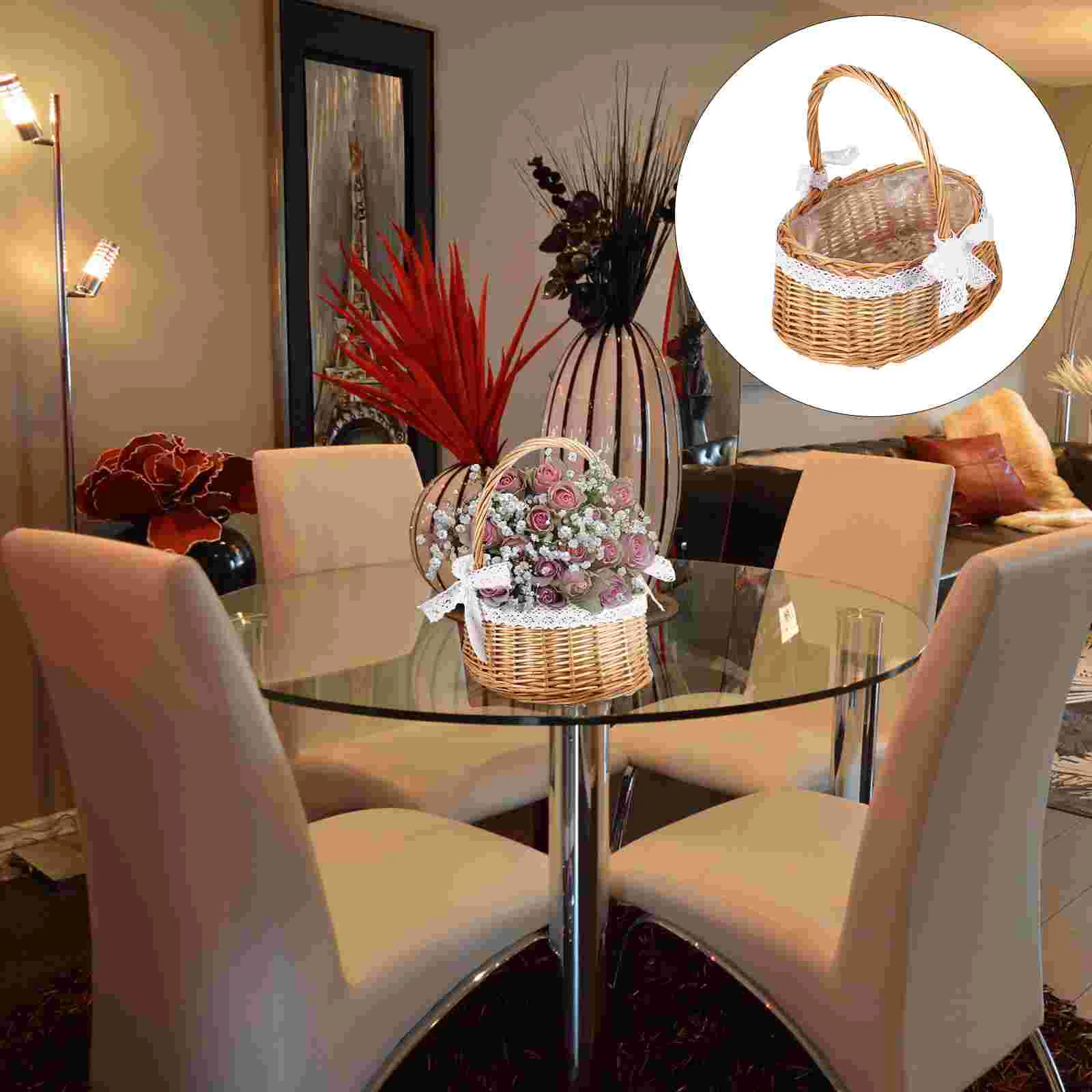 

1pc Handmade Lace Design Storage Basket Household Basket Portable Woven Basket