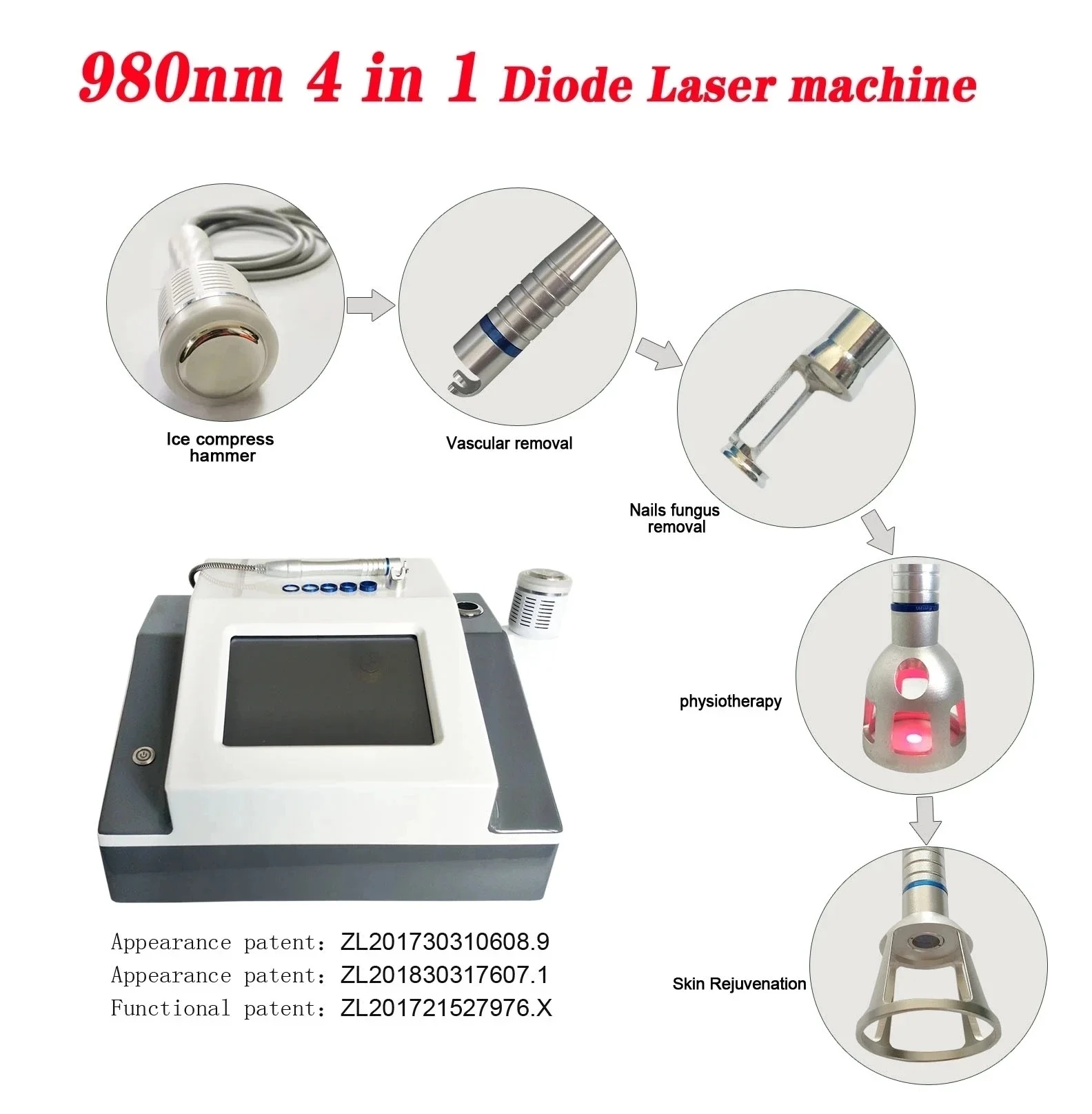 4 in 1 980 nm Diode Laser Machine For Skin Fungal Infection Images Vascular Veins Removal Laser Physical Therapy Device